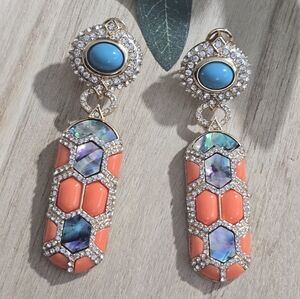 Turquoise, Coral and Abalone Shell Dangle Earrings